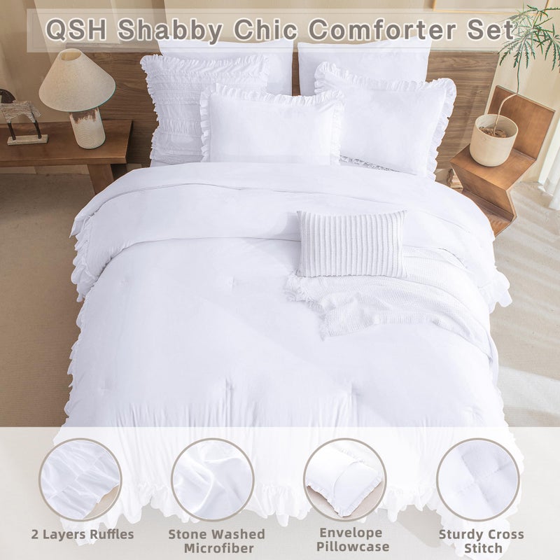 QSH White Farmhouse Ruffled Comforter Set King Size Shabby Boho Chic White Bedding Comforter King Lightweight Fluffy Ultra Soft Microfiber Inner Fill Bedding Set 3 Pieces - Image 3